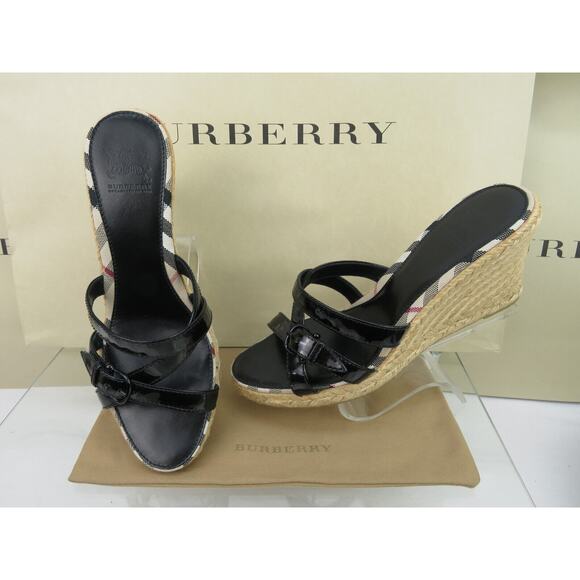 BURBERRY BLACK PATENT LEATHER CHECK LOGO SLIDE JUTE ESPADRILLE SANDALS 40 10 - Picture 1 of 14